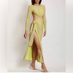 Meshki Christina Backless Wrap Cutout Maxi Dress in Green Shimmer medium